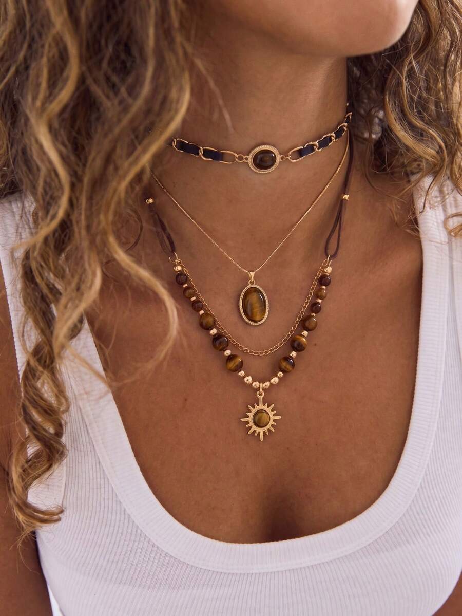 3pcs Maillard Vintage Multi-Layer Tiger Eye Stone Necklace Set, Leather Strap Sun Oval Pendant Beaded Choker Sweater Chain Women's Jewelry