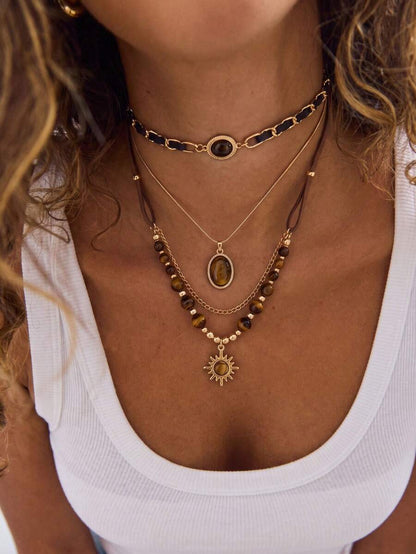 3pcs Maillard Vintage Multi-Layer Tiger Eye Stone Necklace Set, Leather Strap Sun Oval Pendant Beaded Choker Sweater Chain Women's Jewelry