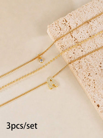 3pcs/Set Mini Vintage Cute 3D Bubble Cube Cubic Zirconia Gold Initial Pendant Necklace, Shiny A-Z Letter Chain, Personalized Y2K Women's Jewelry Gift