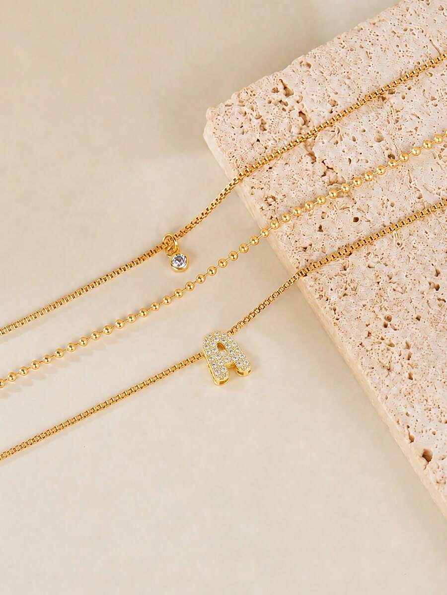 3pcs/Set Mini Vintage Cute 3D Bubble Cube Cubic Zirconia Gold Initial Pendant Necklace, Shiny A-Z Letter Chain, Personalized Y2K Women's Jewelry Gift