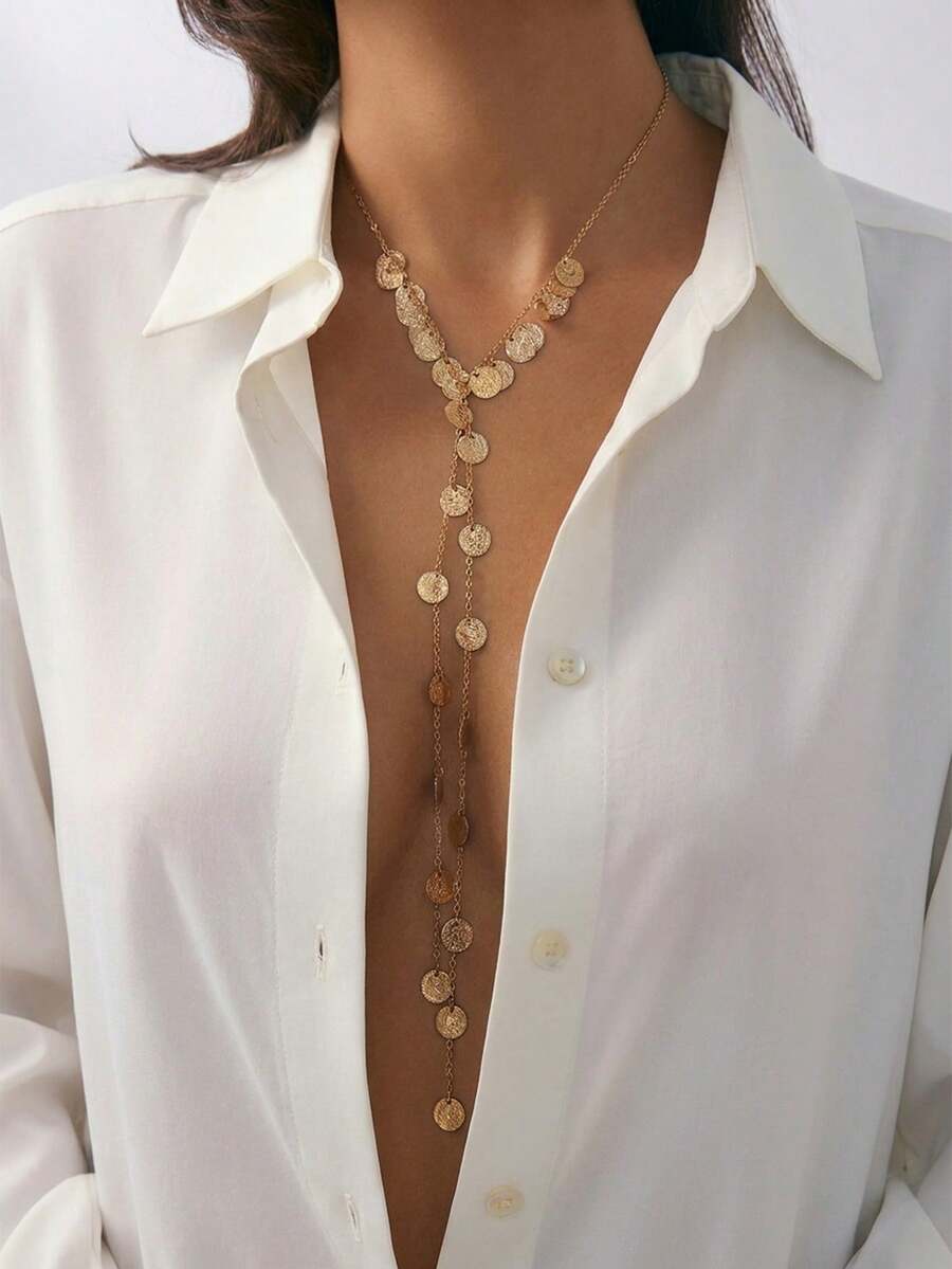 1pc Fashion Minimalist Street Style Vintage Coin, CCB Pearl Beaded Y-Shaped Necklace With Round Disc