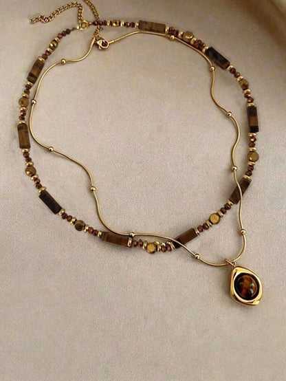 2 Styles Vintage 'Maillard Style' Heart-Shaped Tiger Eye Tassel Necklace, Women's Minimalist Sweater Chain