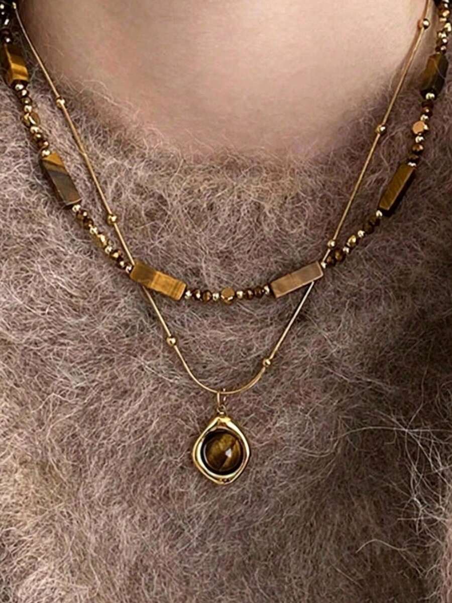 2 Styles Vintage 'Maillard Style' Heart-Shaped Tiger Eye Tassel Necklace, Women's Minimalist Sweater Chain