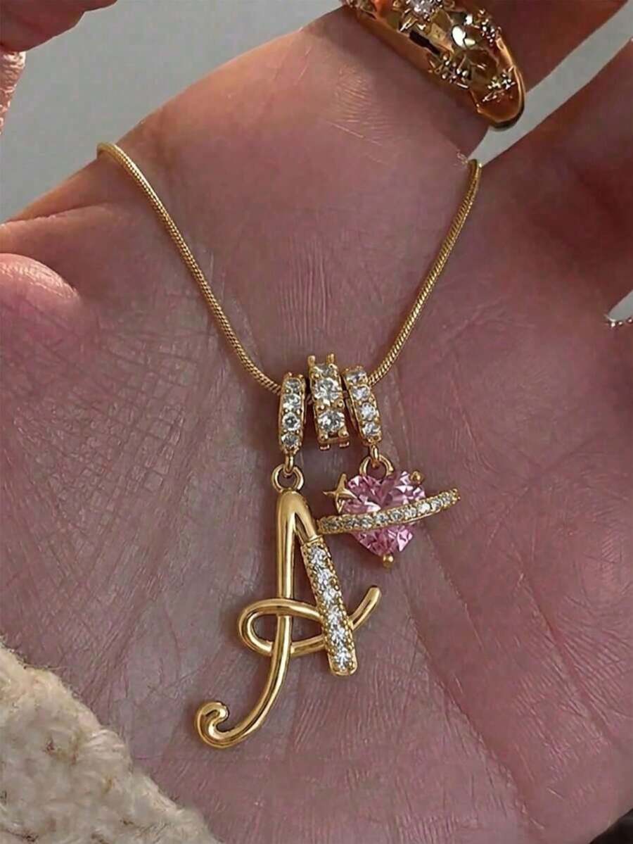 1pc Minimalist Cute Cubic Zirconia Pink Heart Gemstone Personalized Letter Pendant Necklace
