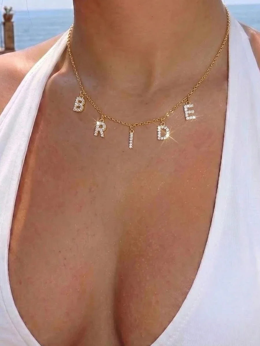 Gold Zirconia Bride Letter Necklace