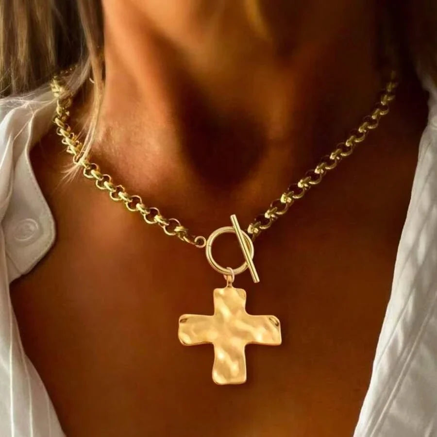 Minimalist Hammered Cross Pendant Necklace