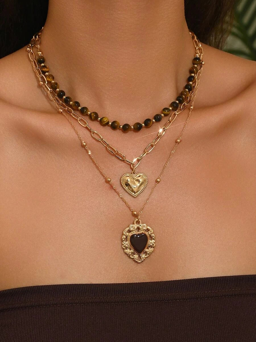 Layered Tiger Eye Beaded Necklace Set