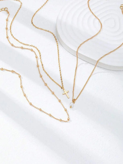 Gold Plated Layered Cross Necklace Set