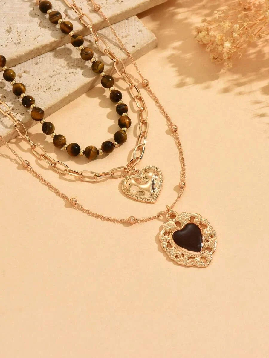 Layered Tiger Eye Beaded Necklace Set