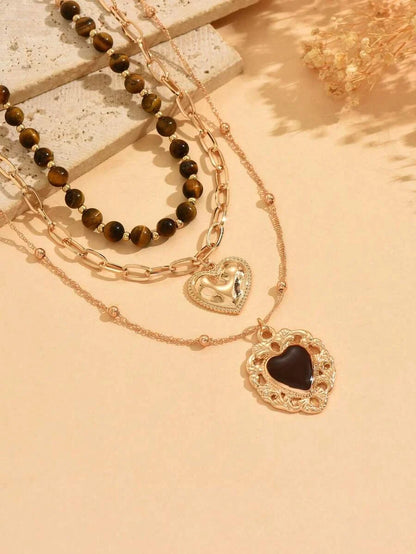 Layered Tiger Eye Beaded Necklace Set