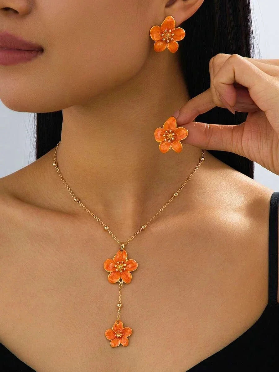 Handmade Orange Floral Jewelry Set