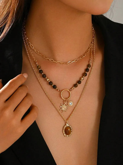 Layered Tiger Eye Beaded Necklace Set
