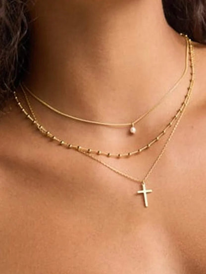 Gold Plated Layered Cross Necklace Set