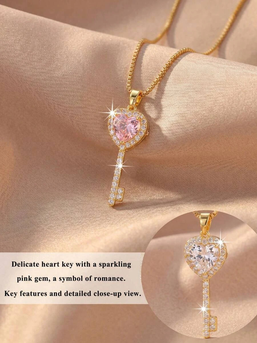 Gold Plated Heart Key Pendant Necklace