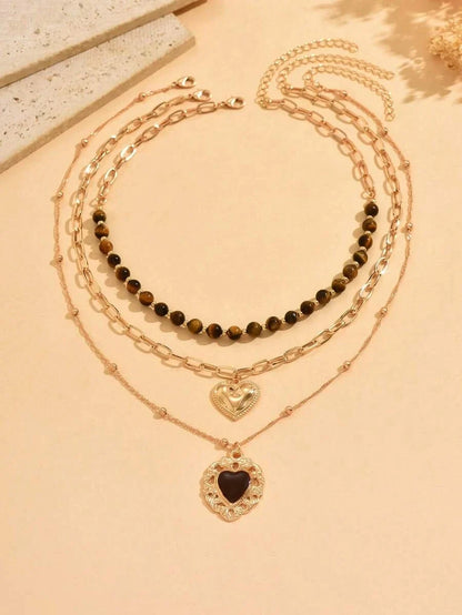 Layered Tiger Eye Beaded Necklace Set