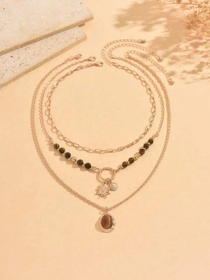 Layered Tiger Eye Beaded Necklace Set