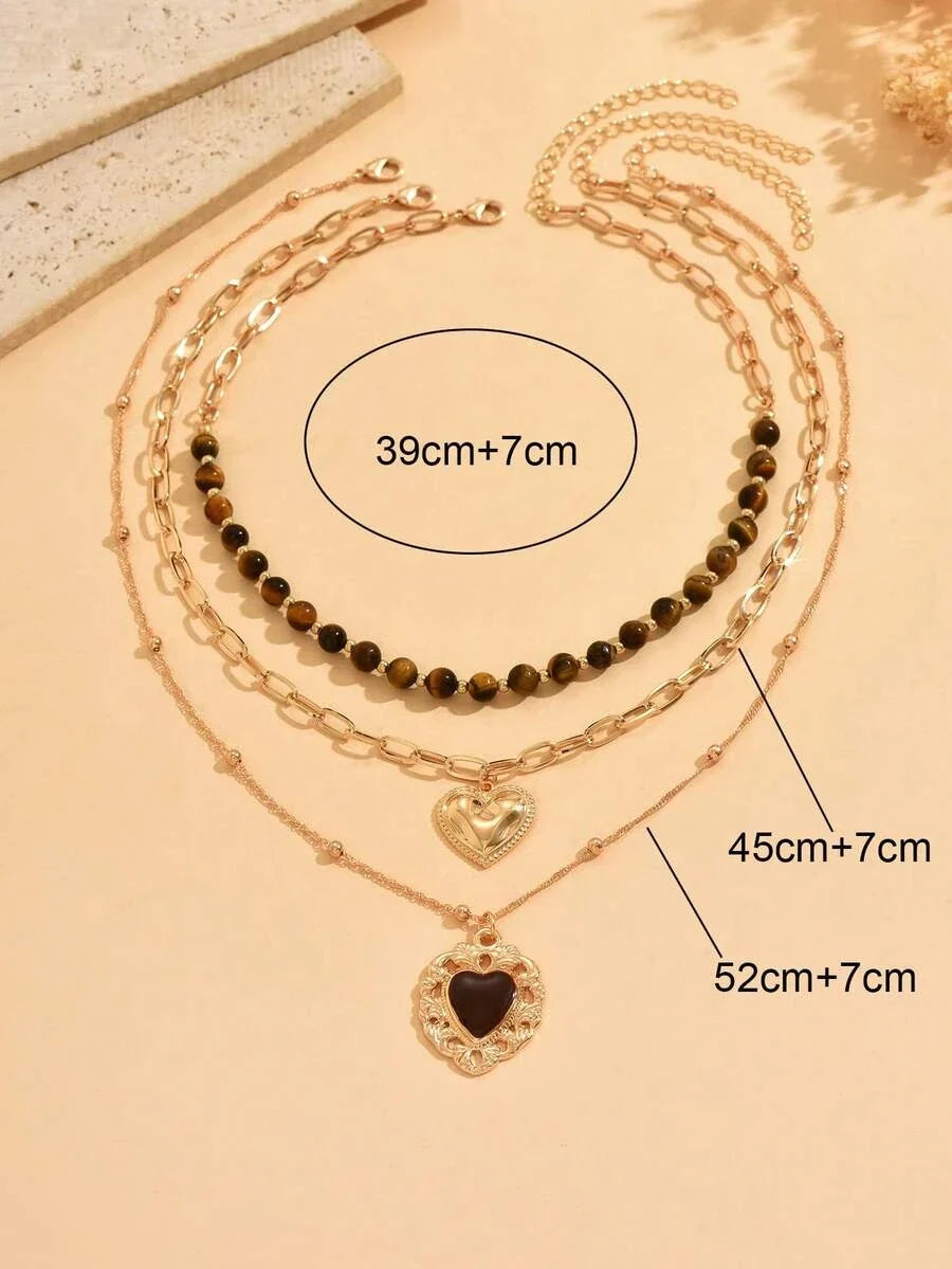 Layered Tiger Eye Beaded Necklace Set