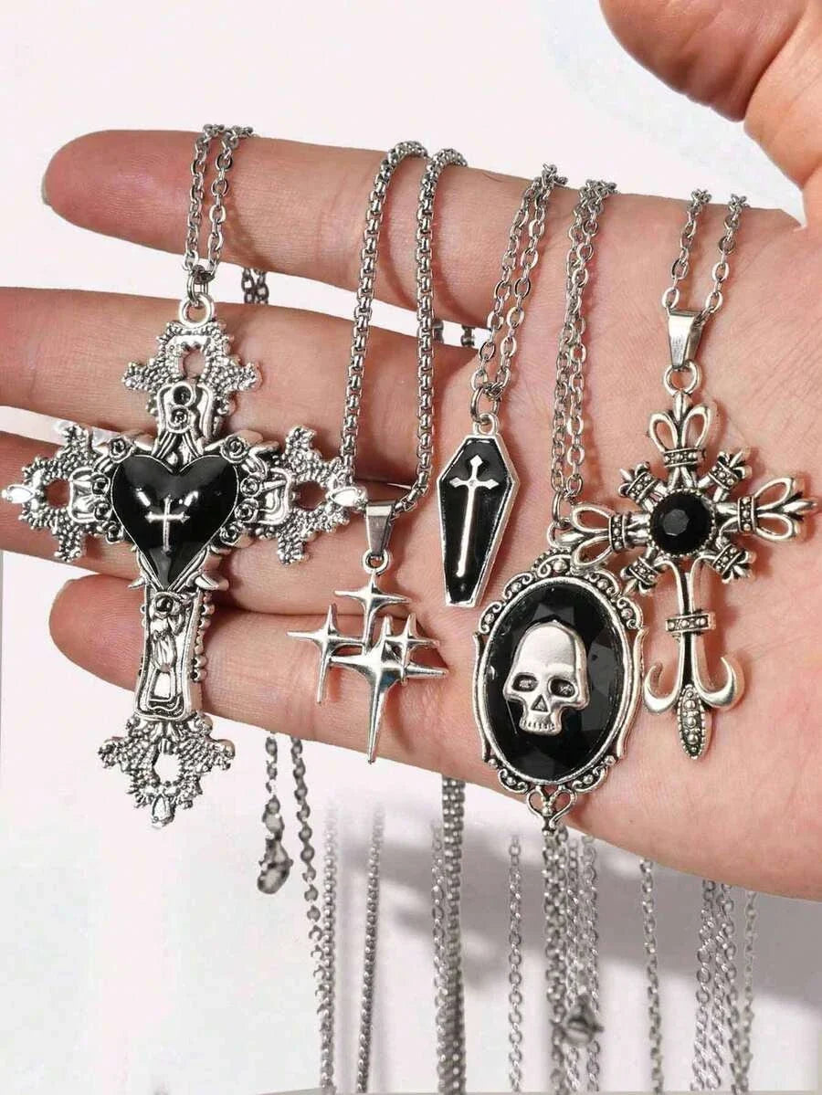 Gothic Rhinestone Skull Necklace Set