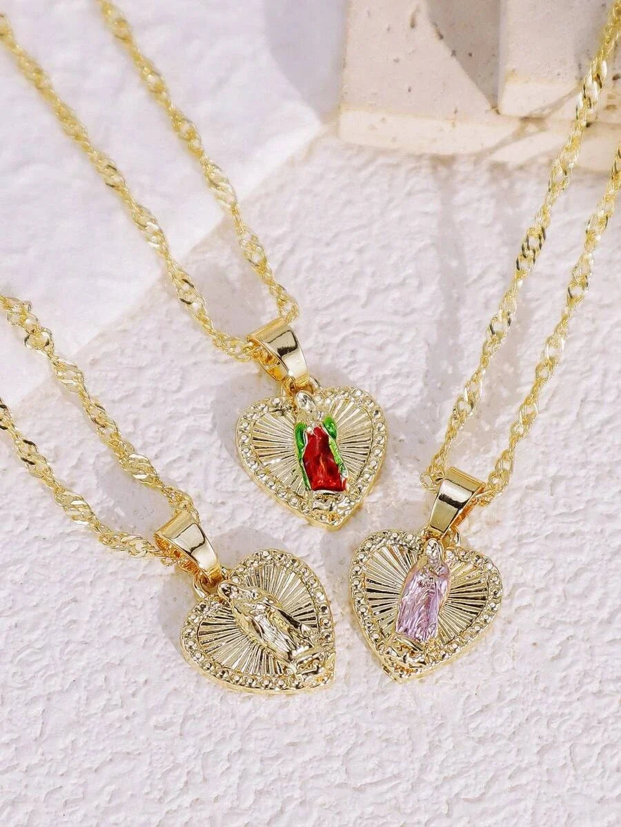 14K Virgin Mary Heart Pendant Necklace