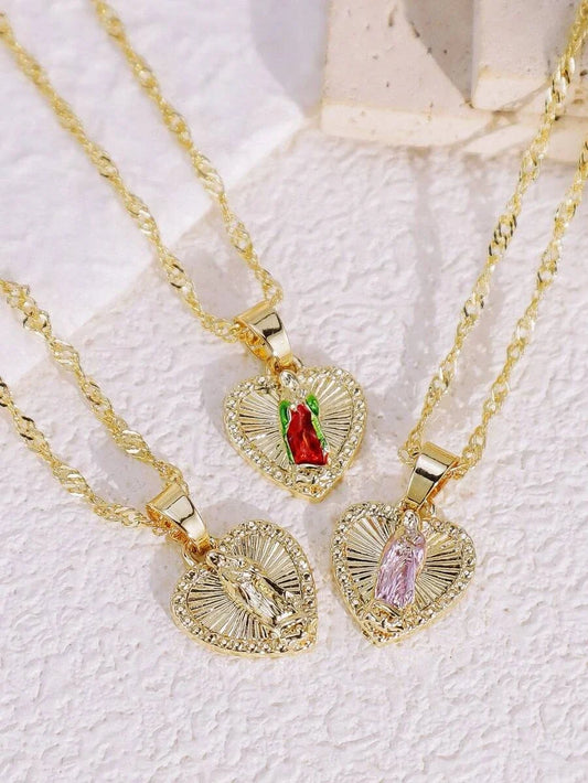 14K Virgin Mary Heart Pendant Necklace