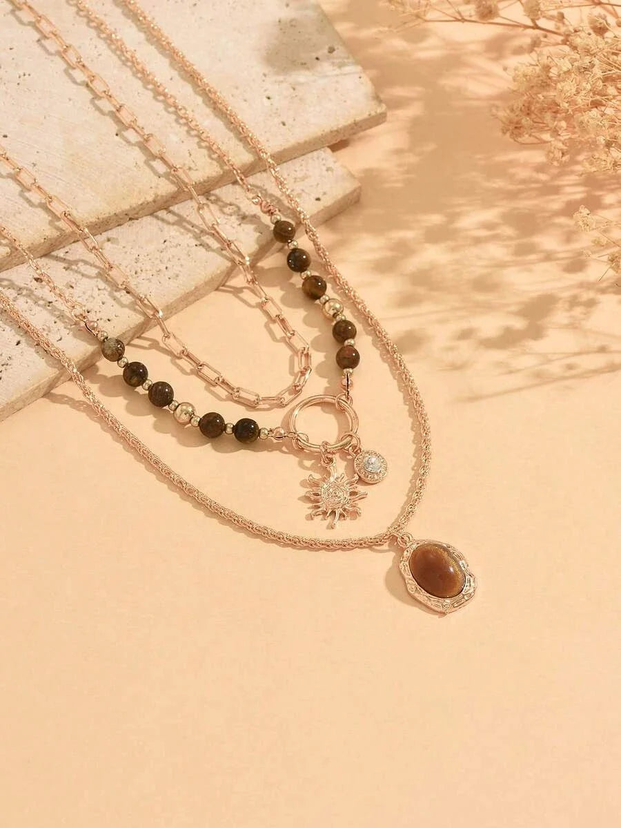 Layered Tiger Eye Beaded Necklace Set
