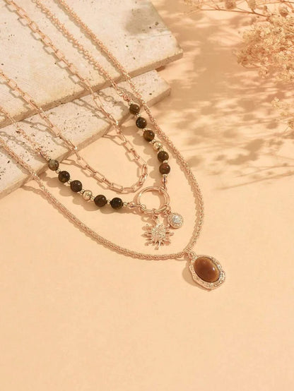 Layered Tiger Eye Beaded Necklace Set