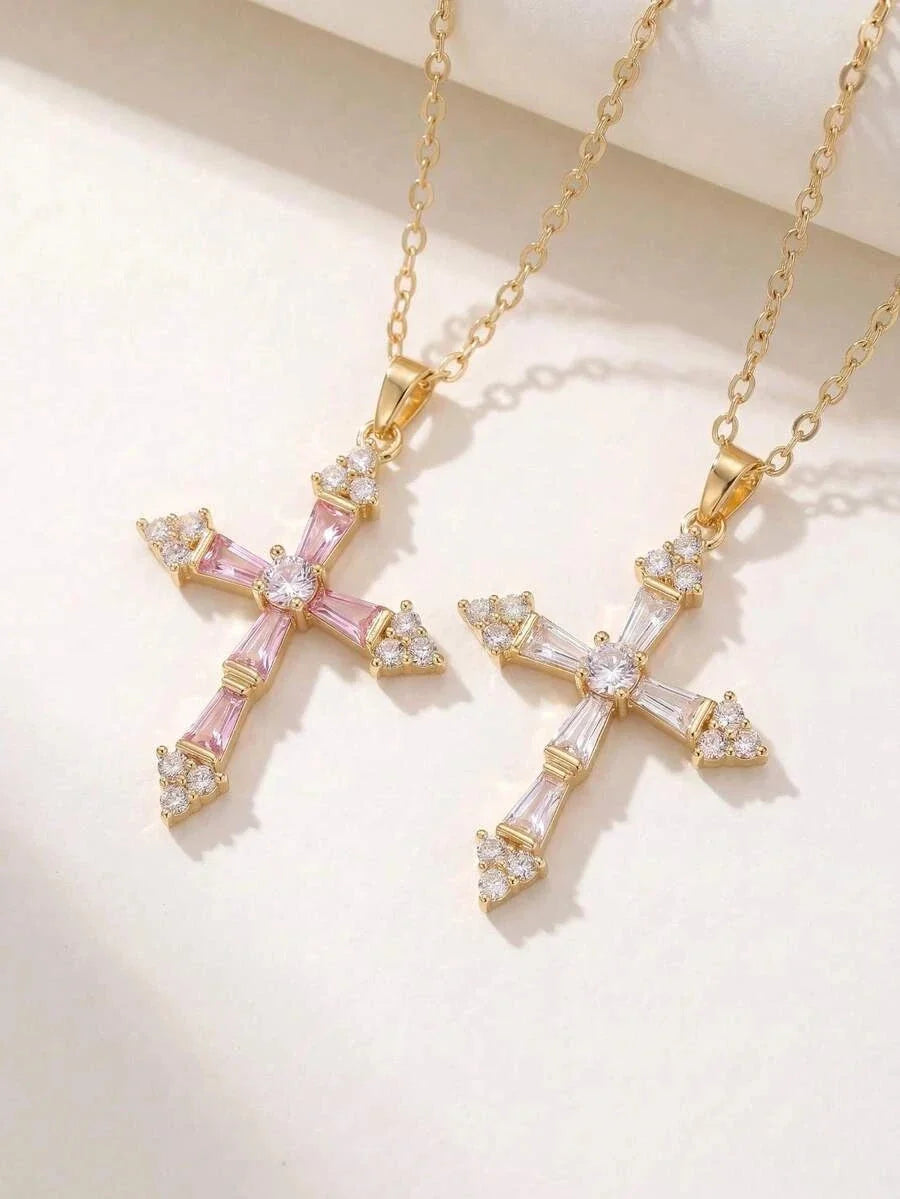 Gold-Plated Pink Crystal Cross Necklace