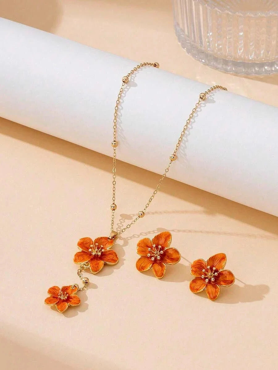 Handmade Orange Floral Jewelry Set